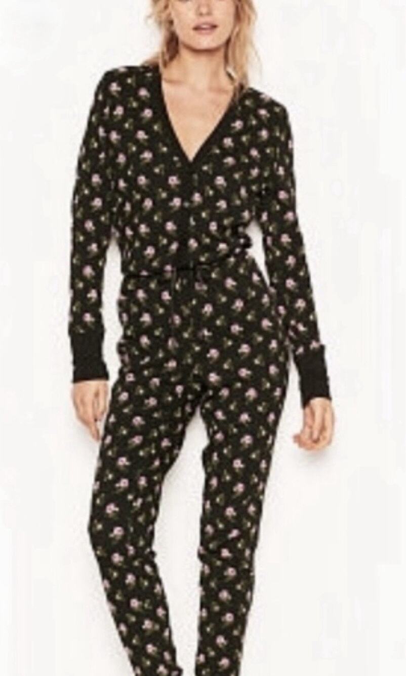 Victoria's Secret Thermal One-Piece Pajamas - M Black Floral Cottage Bed Gremlin